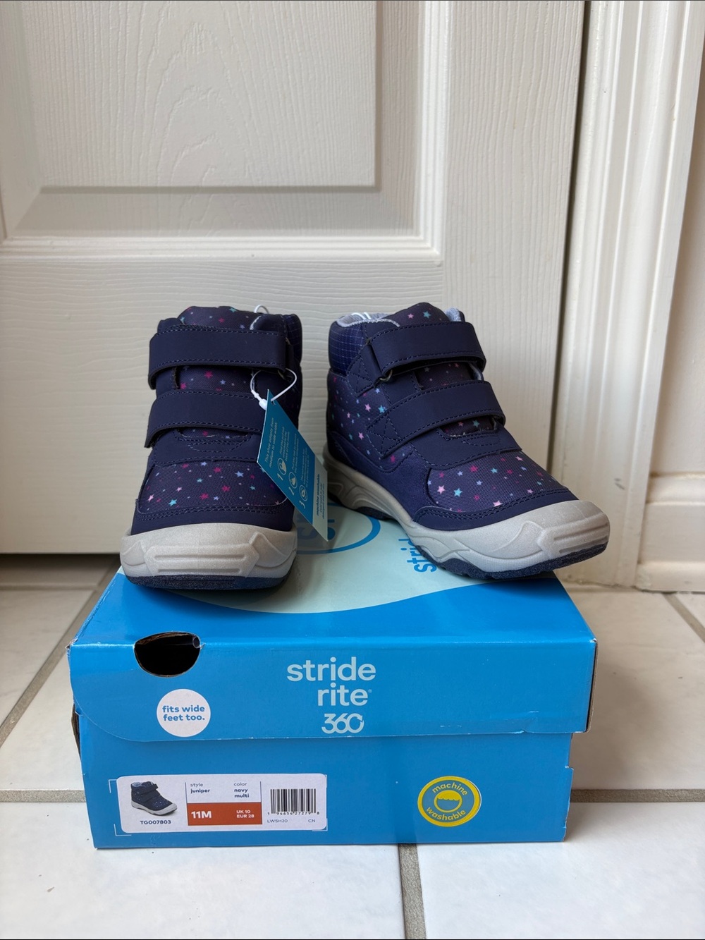 Stride Rite Navy and White Girls' Slip-On Sneakers with Pink Star Dots
